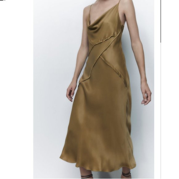 NWT ZARA SATIN LINGERIE STYLE DRESS DARK KHAKI - Picture 6 of 8